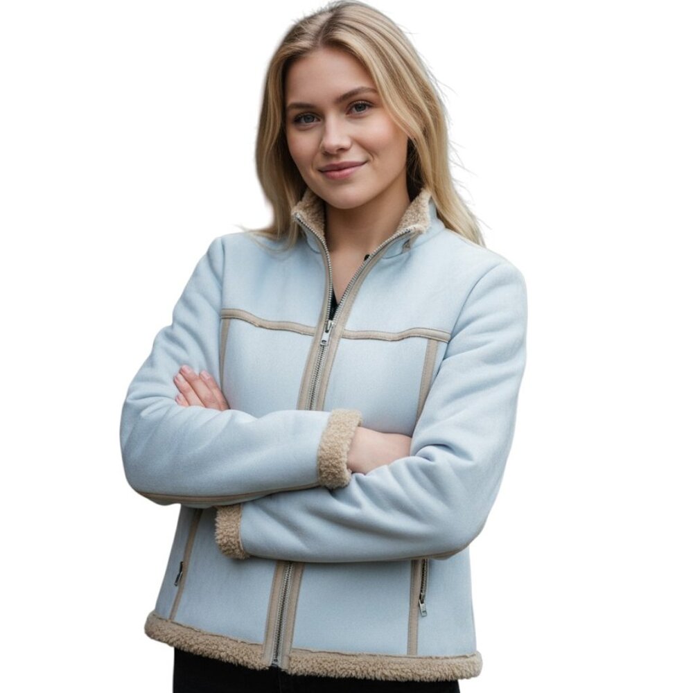 Hanna Andersson Coat Womens Medium Blue Tan Faux Shearling Zip Cabin Core